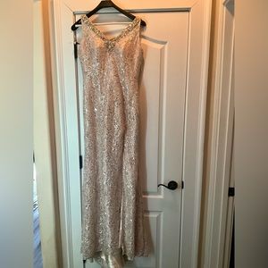 Omg beautiful nude formal gown blinged out high thigh slit